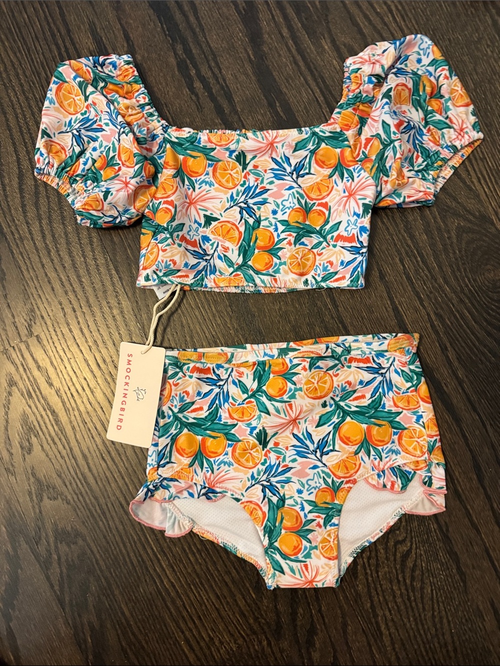 Smockingbird Girls' Orange Citrus Puff-Sleeve Bikini Set - White & Orange